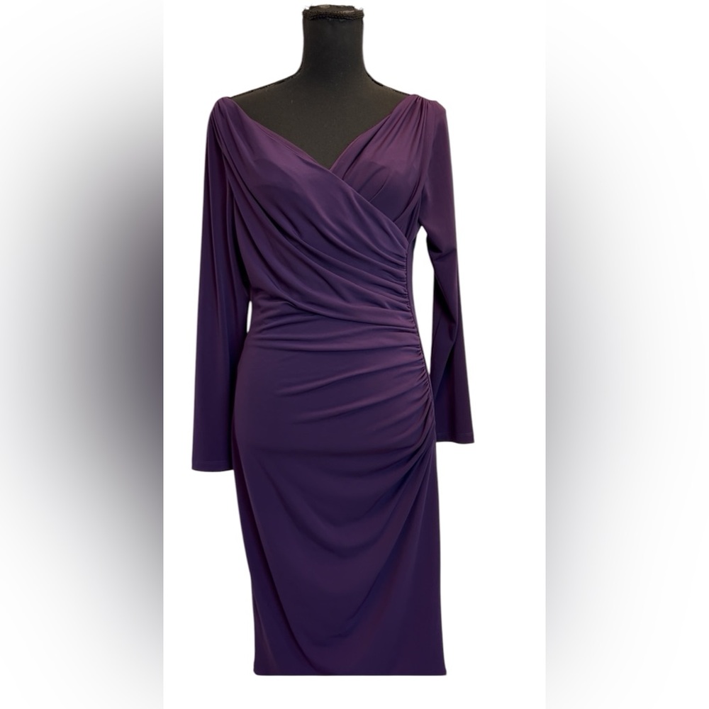 Enchante purple wrap style ruched jersey midi cocktail dress Sz 8